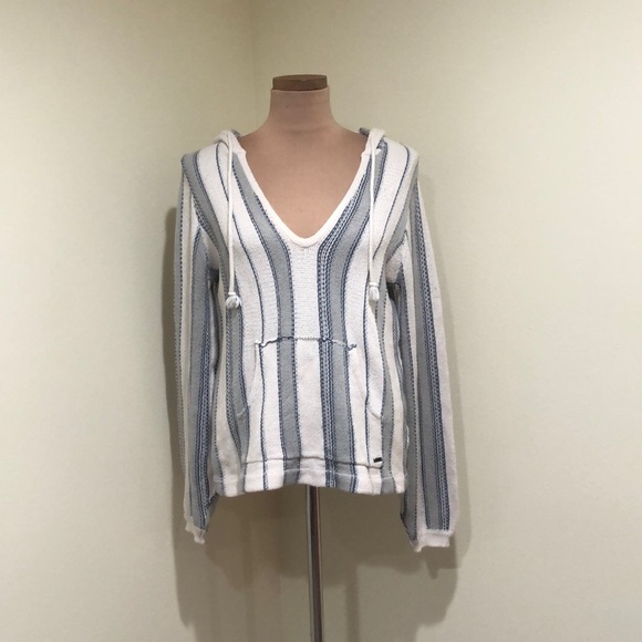 O’Neill Bonfire Hooded Sweater Size Medium Ivory Blue Striped - Picture 2 of 10